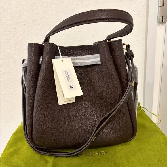 NWT Tory Burch Romy Pebble Leather Bucket Bag (Deep Brown) - Picture 3 of 4